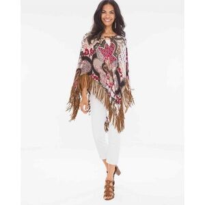 CHICOS Printed Fringed Poncho Top, Like New